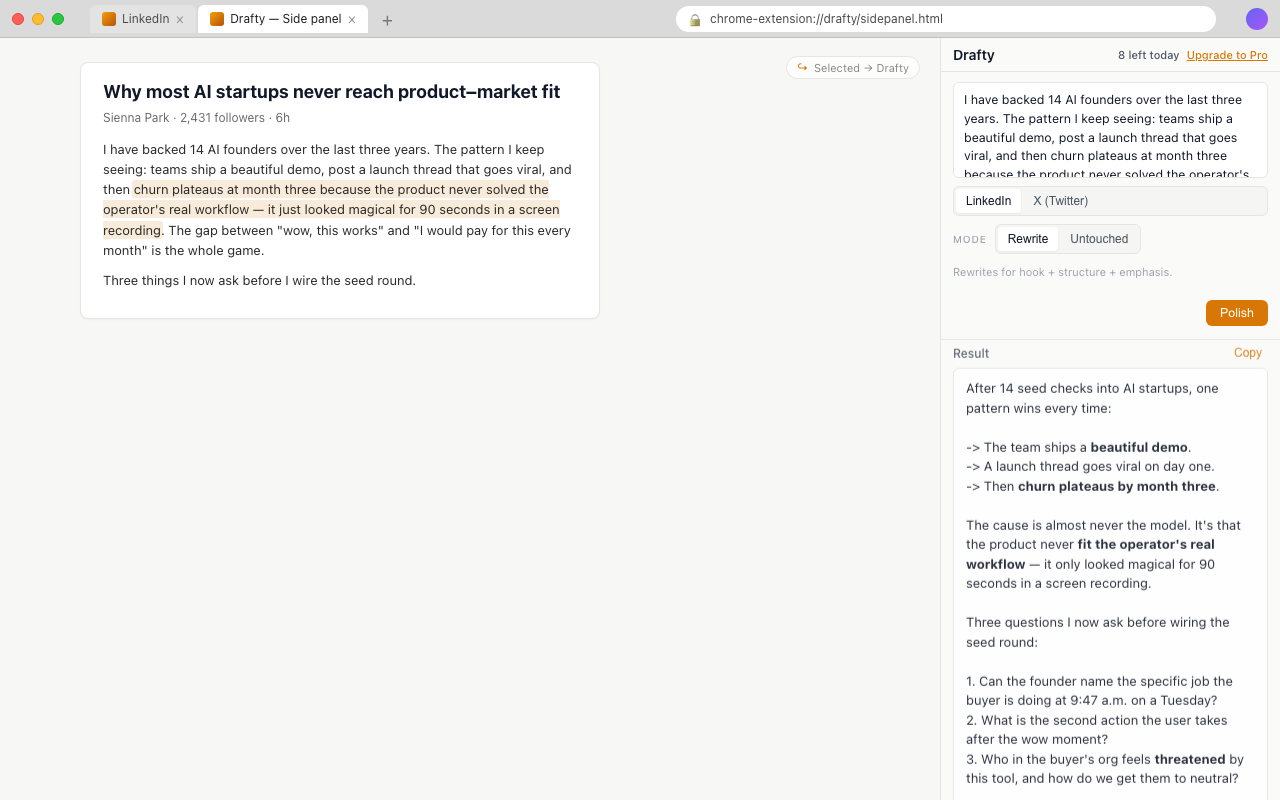 Drafty for Chrome side panel — select text on a page, right-click, and refine in the panel